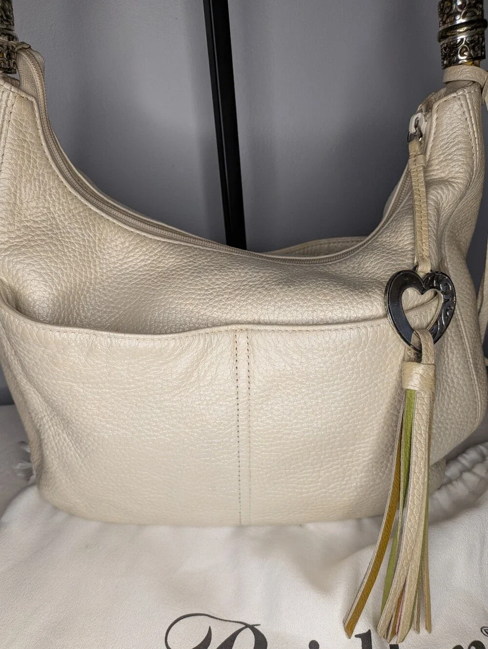 Brighton Ivory Leather Barbados Hobo Bag with Multicolor Braided Strap